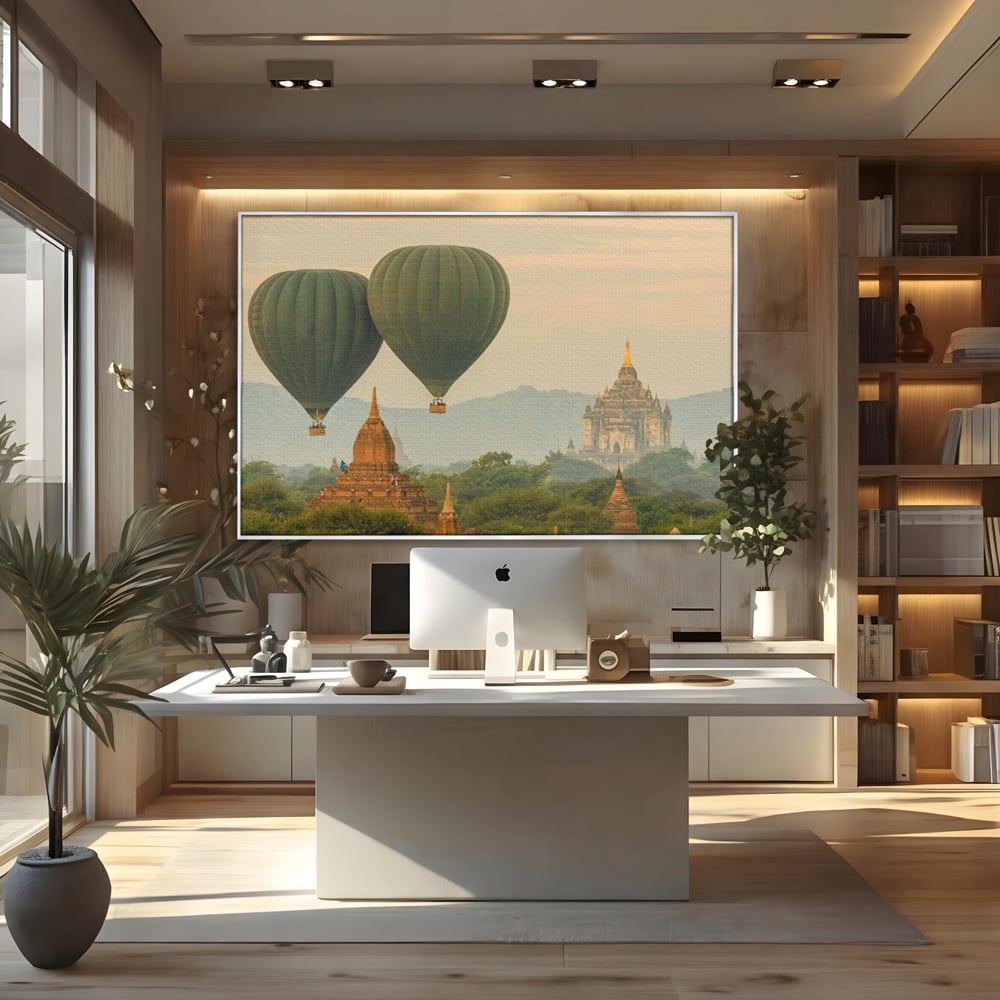 Tablou canvas cu tablou canvas cu peisaj din myanmar, in rama de aluminiu argintiu, pe perete intr-un birou